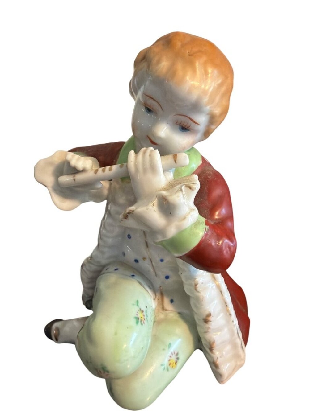 Vintage Halsey Porcelain Figurine Boy Playing Flute Red Coat MCM Japan Estate